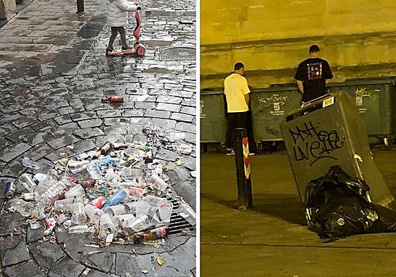 Suciedad acumulada en una alcantarilla y jóvenes orinando en la plaza del Mercado.