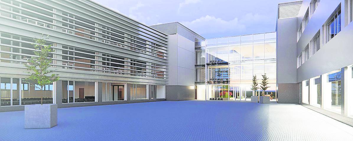 Imagen principal - Recreación de los dos volúmenes, el vestíbulo y la plaza central del nuevo edificio y espacios interiores. 