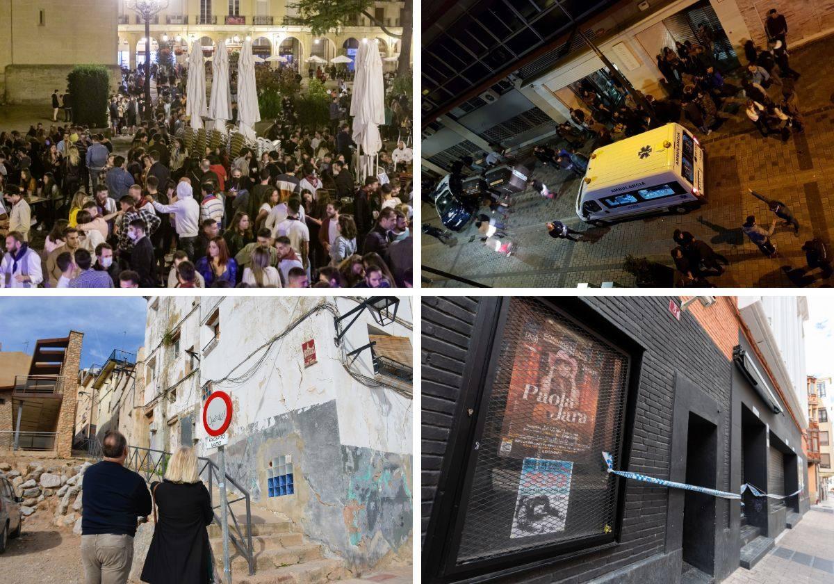 Arriba, la plaza del Mercado, abarrotada en plena pandemia; junto a una intervención en Suite. Abajo, dos vecinos de la calle Portillejo de la plaza de Calahorra y la discoteca The Hangar, cerrada desde el pasado miércoles.