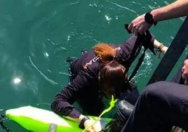 Una agente de policía se introduce en el agua al rescate de la chica.
