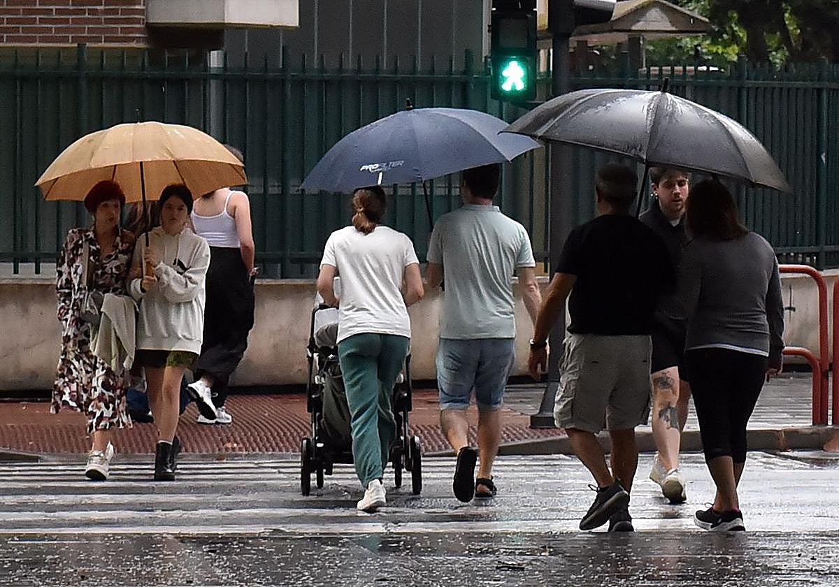 Varios ciudadanos se protegen con paraguas en una jornada de lluvia en Logroño.