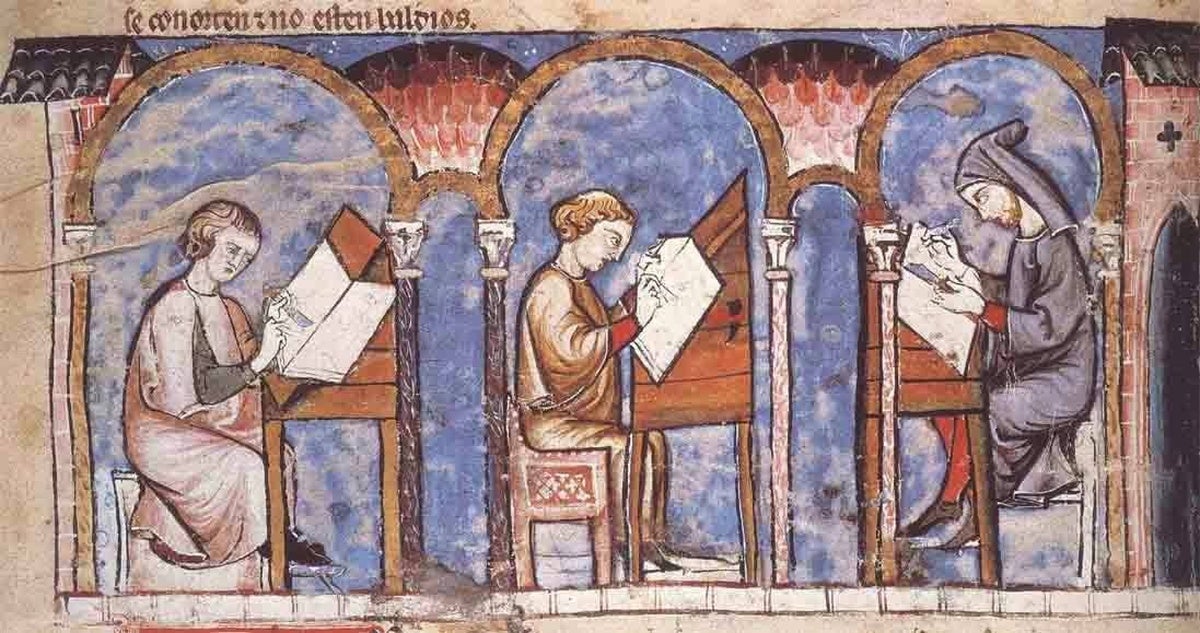 Copistas medievales, en una miniatura del 'Libro de los Juegos de Ajedrez, Dados y Tablas', de Alfonso X, compuesto en Sevilla en 1283