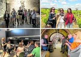 Arriba, visitantes en Franco Españolas y Bodegas Lecea; abajo, grupos en Tritium y La Bodega del Tesoro.