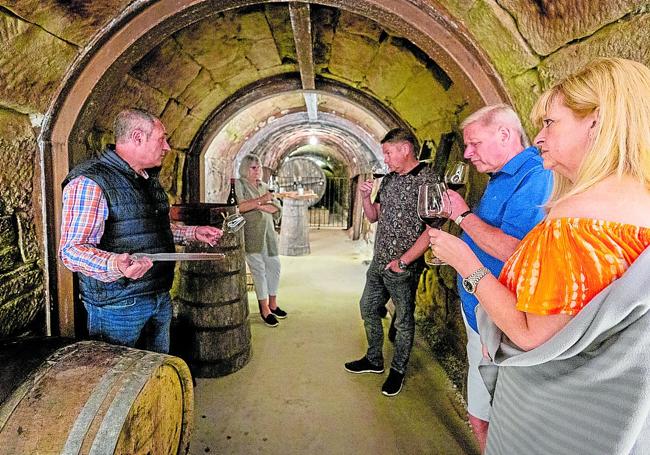 Cámara explica las características de un vino a unos turistas británicos.