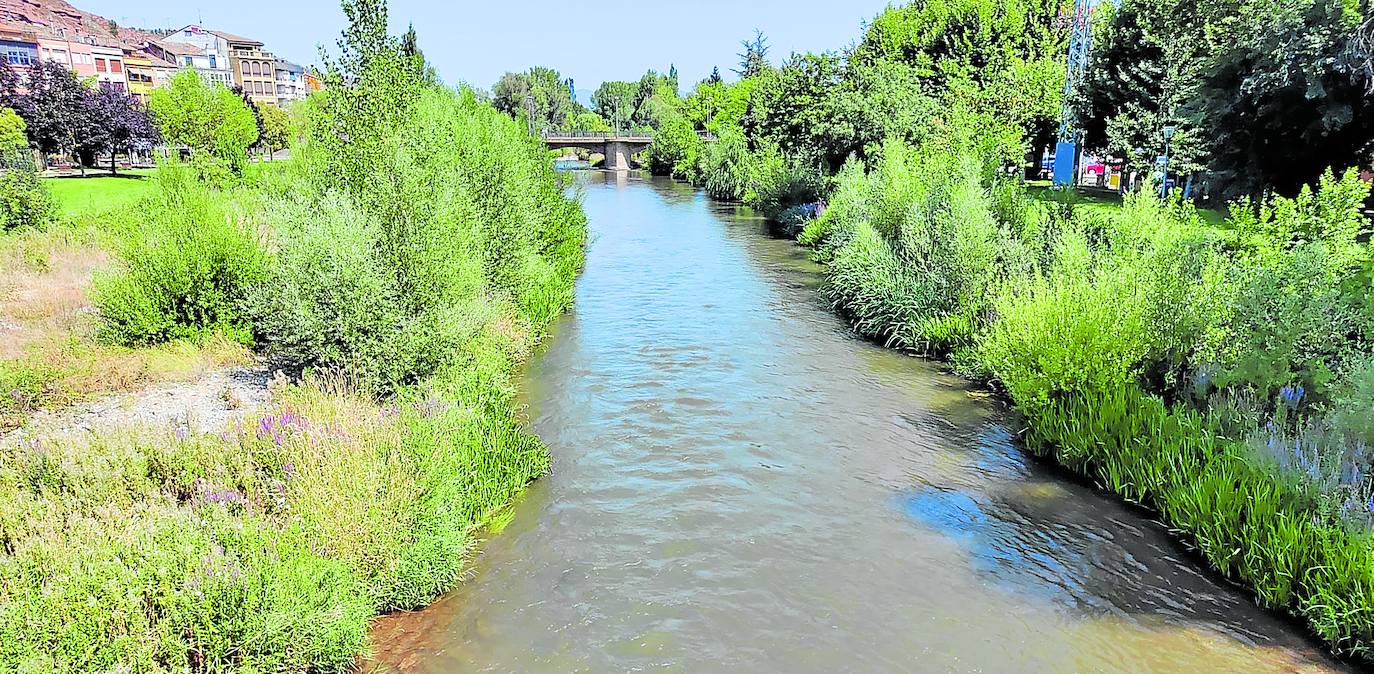 El río Najerilla, a su paso por Nájera este viernes, con un caudal mucho mayor al habitual por estas fechas