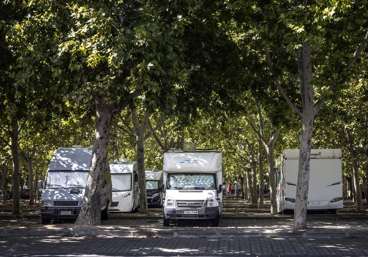 Imagen principal - Autocaravanas estacionadas en las filas más alejadas de la entrada a La Noriras. Abajo, José María Aviló; y a la derecha, Alicia Messina y Antonio Pastorella, en el aréa de servicio para autocaravanas.