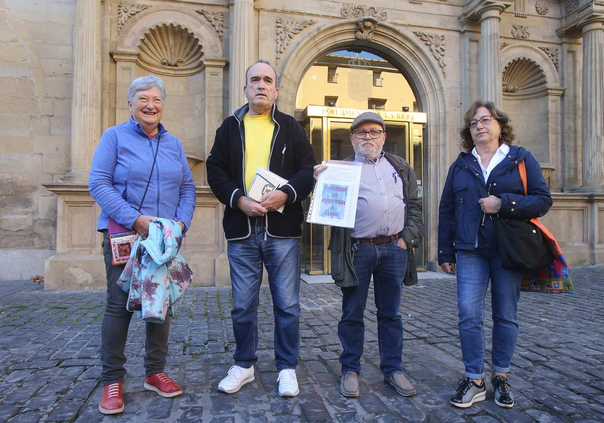 Javier Granda, segundo por la izquierda, y otros representantes de Marea Blanca y Plataforma en Defensa de la Sanidad Pública, este lunes a las puertas del Parlamento de La Rioja.