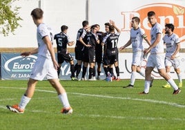 Los jugadores de la Sociedad Deportiva Logroñés celebran un gol ante el Alfaro en La Molineta