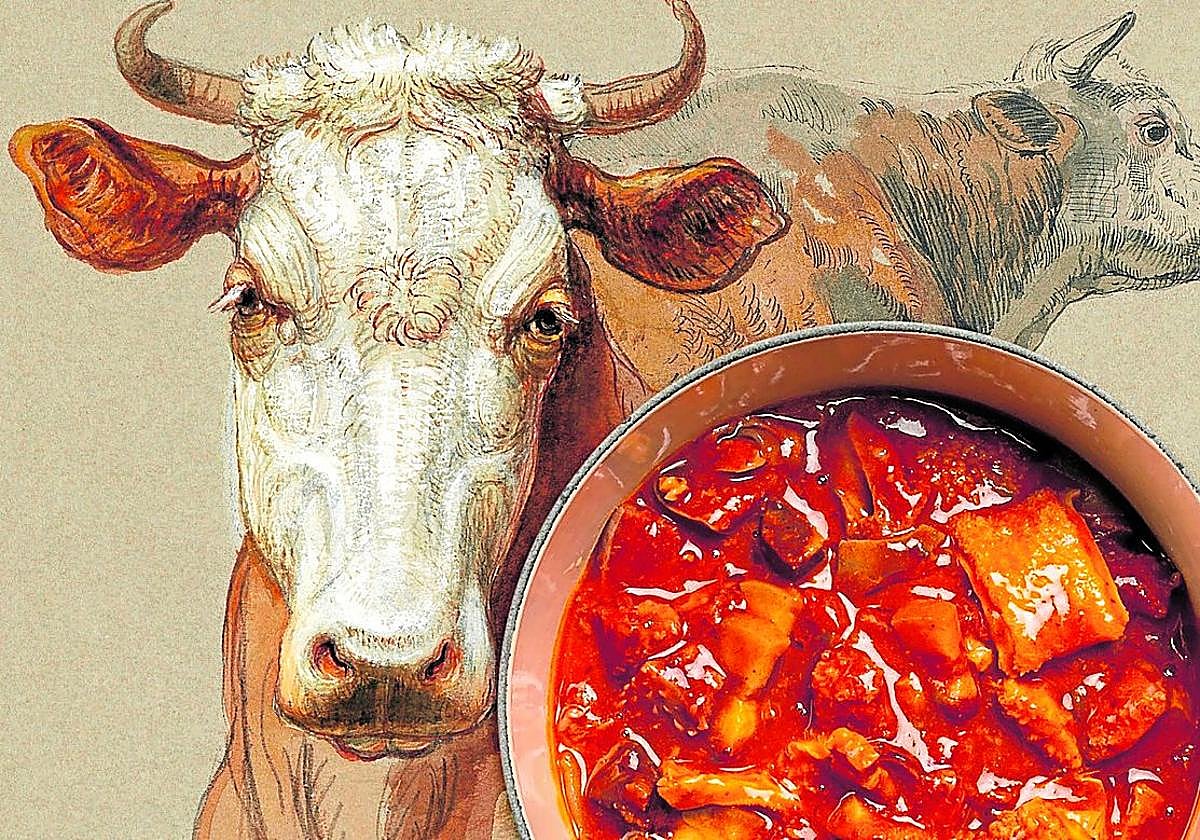 Plato de callos sobre un dibujo de vacas de Samuel Colman (1876).