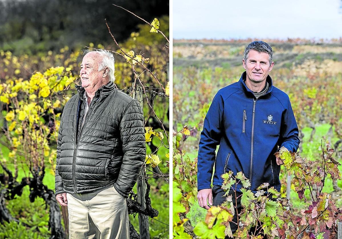 A la izquierda, Francisco Hurtado de Amézaga, en los viñedos que rodean Marqués de Riscal. A la derecha, Mathieu Barrault, en una de las fincas predilectas de Murua.