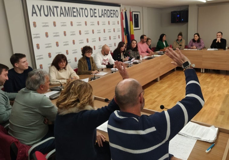 Los concejales de Vox, de espaldas, votan a favor de su moción en el pleno.