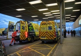 Ambulancias en el exterior de Urgencias del Hospital San Pedro de Logroño, en una imagen de archivo.