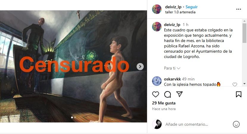 Publicación en Instagram del artista David Lapeña sobre su cuadro 'Maristas'.