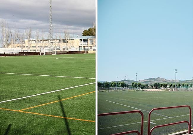 A la izquierda, campo de hierba artificial anexo al polideportivo municipal de La Molineta en Alfaro. A la derecha, instalaciones de Pradoviejo en Logroño.