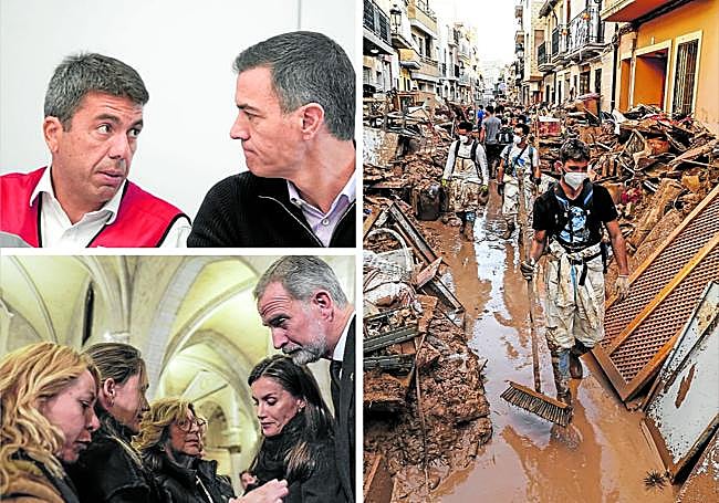Arriba, Carlos Mazón y Pedro Sánchez, que fueron duramente criticados por la gestión de la crisis; abajo, los Reyes en el homenaje a las víctimas en la catedral de Valencia y a la derecha, estado en que quedó una calle en Paiporta.