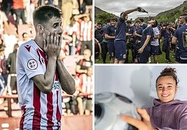 Imanol Sarriegi se echa las manos a la cara después de que la UD Logroñés cayese eliminada ante el Marbella en Las Gaunas. A la derecha, celebración tras el ascenso del Anguiano a Segunda RFEF y abajo, Ana Tejada.
