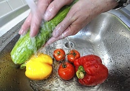 Una persona lava verduras bajo el grifo de agua. La higiene de manos, utensilios y productos es una de las medidas fundamentales para acabar con los riesgos de los microorganismos.