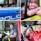 Arriba, José Carlos Rico, policía nacional, y Javier Herce , bombero. Abajo, Jésica Estefanía, Mónica Alcalde y Diego Saranova en sus ambulancias.