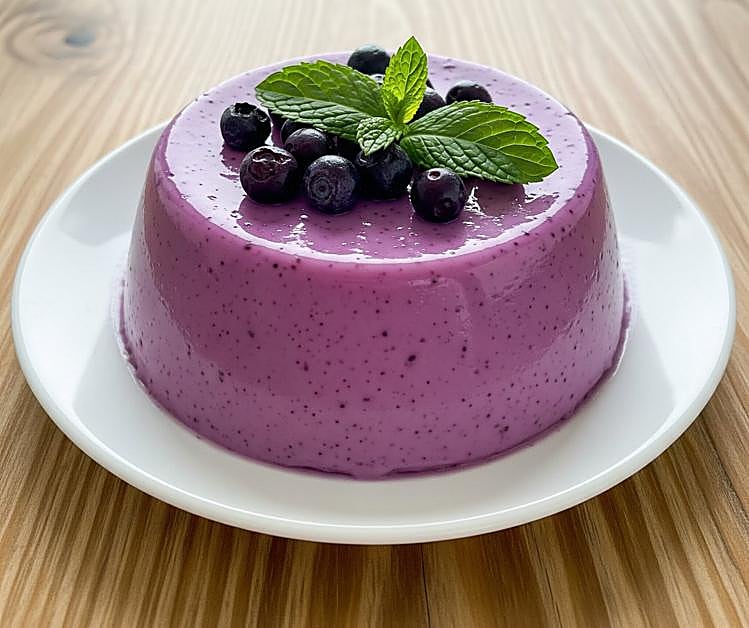 Porción de pannacotta de arándanos coronado por unos frutos que hacen las veces de decoración .
