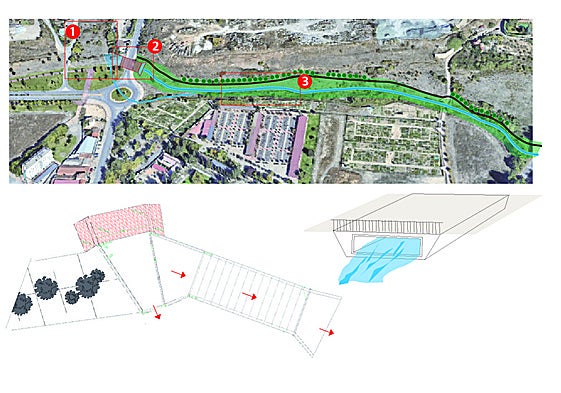 Rotonda de El Campillo, con el tramo de carretera bajo la cual se construirá el nuevo paso con el parque rebajado quedando a la izquierda.