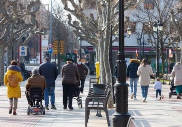 Personas mayores con andadores y sillas de ruedas recorren el Espolón logroñés a la par que algunas familias con niños pequeños..