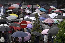 Una persona camina bajo la lluvia en Logroño.