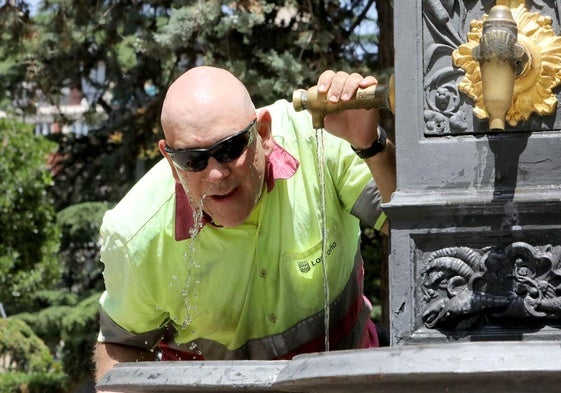 Un jardinero municipal se refresca en de las fuentes del Espolón logroñés.