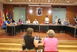 La alcaldesa saluda a la oposición al llegar ayer a la sesión.