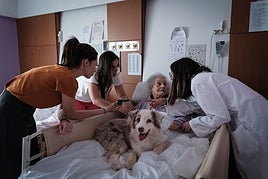 Ana Rodríguez e Israel Villada posan con los usuarios del centro de día Gonzalo de Berceo de Logroño y las perras Tirma y Poliki.