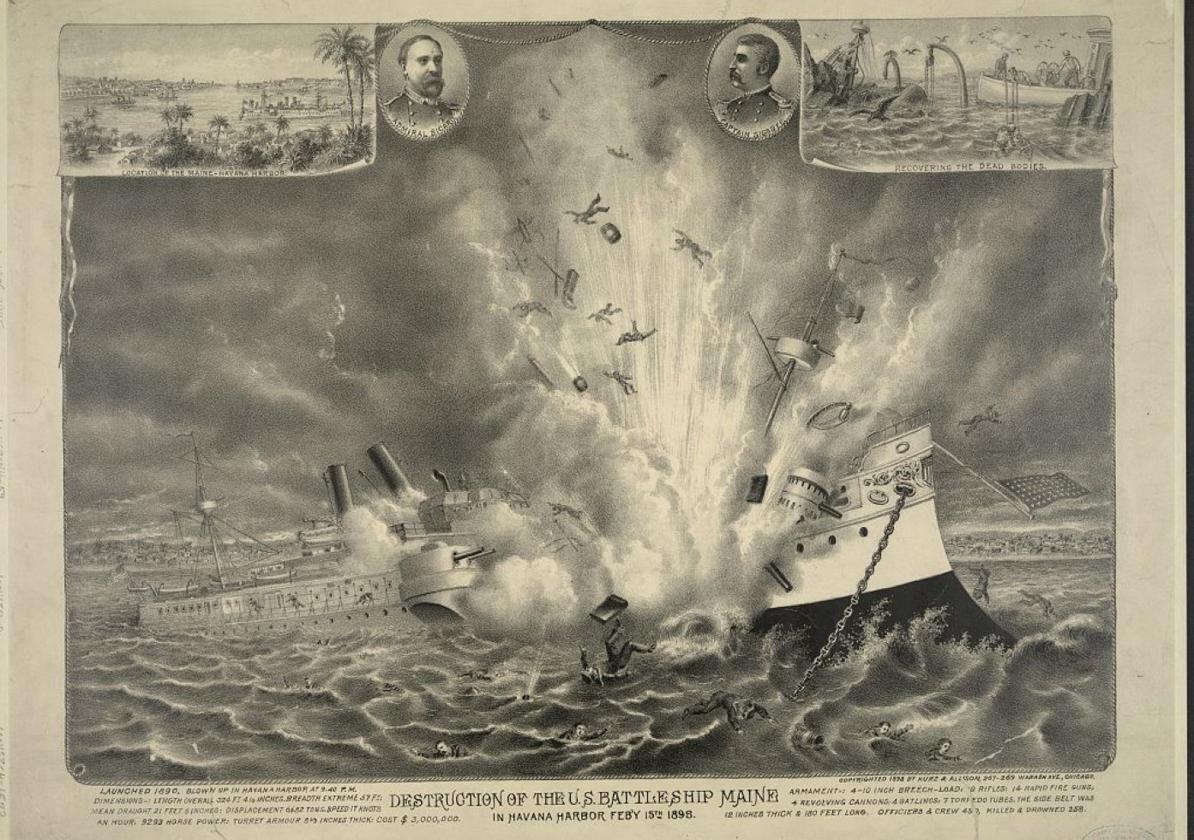 Grabado de Kurtz & Alison que recrea la destrucción del acorazado estadounidense Maine en el puerto de La Habana, el 15 de febrero de 1898.