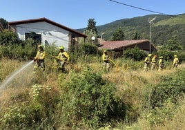 Los bomberos extienden y controlan la manguera dirigida por un efectivo sobre el matorral, durante la demostración.
