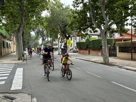 Participantes en la bicicletada bajo los álamos de Haro.