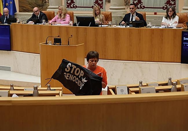 Henar Moreno muestra un mensaje de Stop genocidio en el hemiciclo.