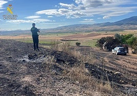 Un agente de la Guardia Civil fotografía la zona del incendio en Ribafrecha.