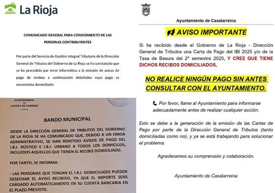 Casalarreina, Laguna de Cameros o San Vicente de la Sonsierra publicaron sendos bandos para informar a sus vecinos del error tributario que se había cometido con buena parte de sus vecinos.