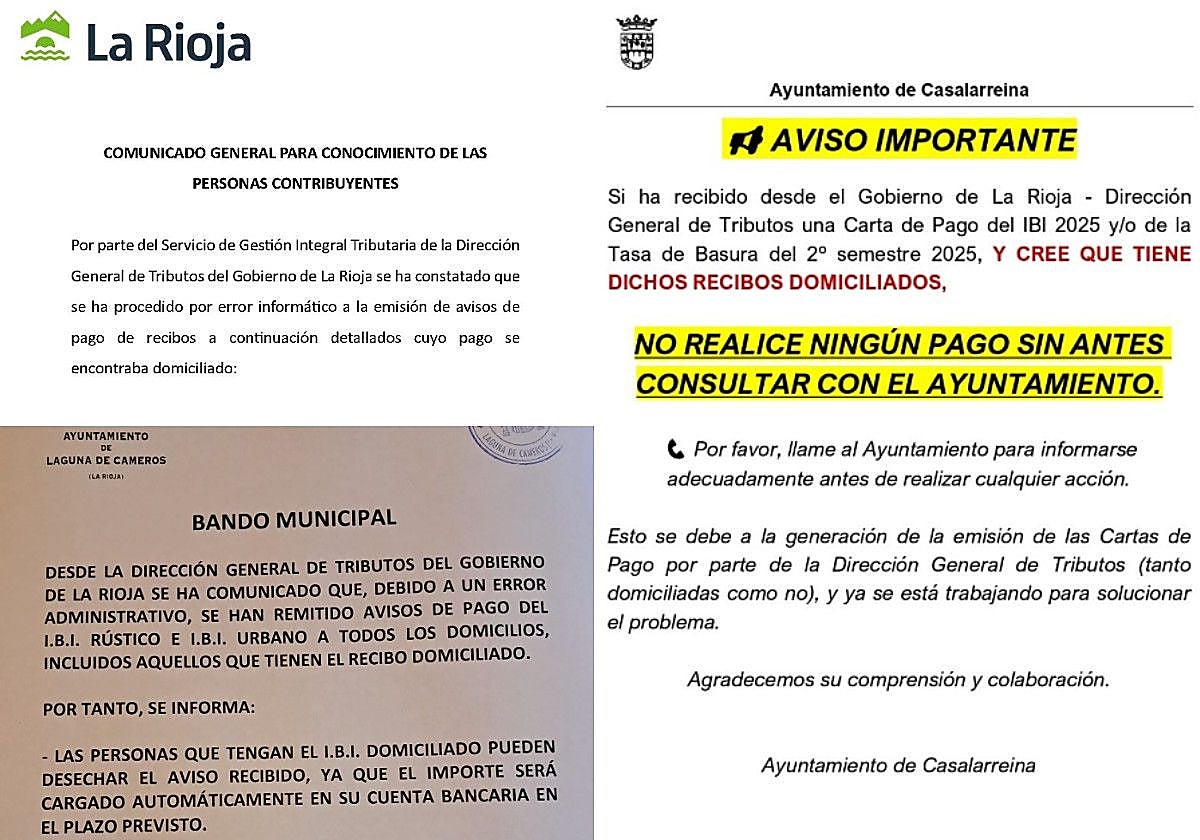 Casalarreina, Laguna de Cameros o San Vicente de la Sonsierra publicaron sendos bandos para informar a sus vecinos del error tributario que se había cometido con buena parte de sus vecinos.