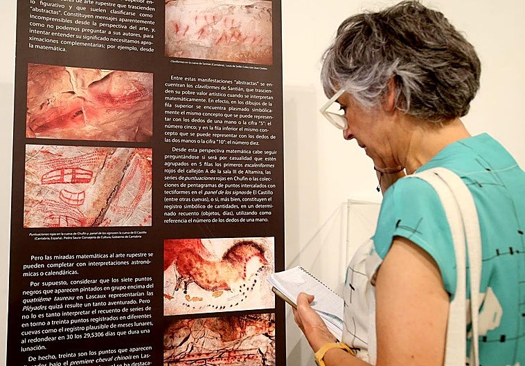 Ante uno de los paneles informativos de la exposición 'En los orígenes'.