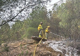 Bomberos trabajan en la zona quemada para evitar nuevos incendios.