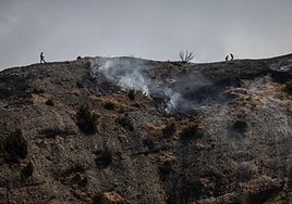 Bomberos trabajando en la extinción del incendio en la tarde del domingo.