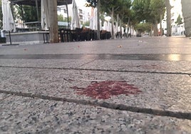 Restos de sangre tras el apuñalamiento producido con un destornillador en el quiosco del paseo del Mercadal de Calahorra.