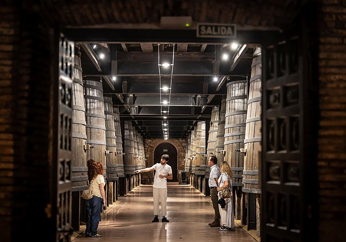 Un grupo de turistas, durante una visita a las instalaciones de Bodegas Franco-Españolas.