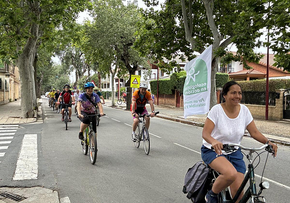 Participantes en la bicicletada en contra de la tala organizada por Ecologistas en Acción bajo los álamos.