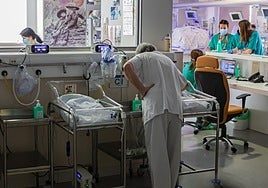 Una profesional sanitaria atiende a los bebés ingresados en la unidad de Neonatología del Hospital San Pedro.