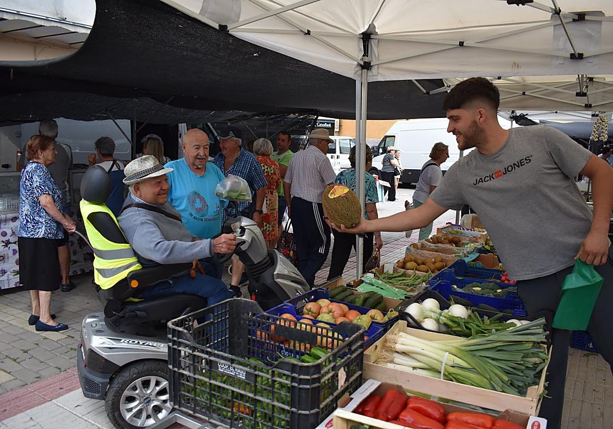 De compras en el puesto de frutas y verduras de Florencio en el mercadillo cerverano.