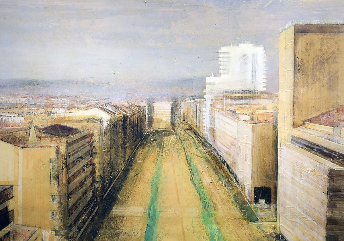 Imagen principal - Lienzos sobre la Gran Vía logroñesa y el Templo de Debod (Madrid), y Manuel Romero con Carlos Fuentes (gerente de Fundación Caja Rioja).