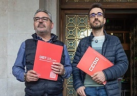 Jesús Izquierdo, de UGT La Rioja, y Rodrigo Alfaro, de CC OO La Rioja, durante la presentación de la convocatoria del próximo 15 de octubre.