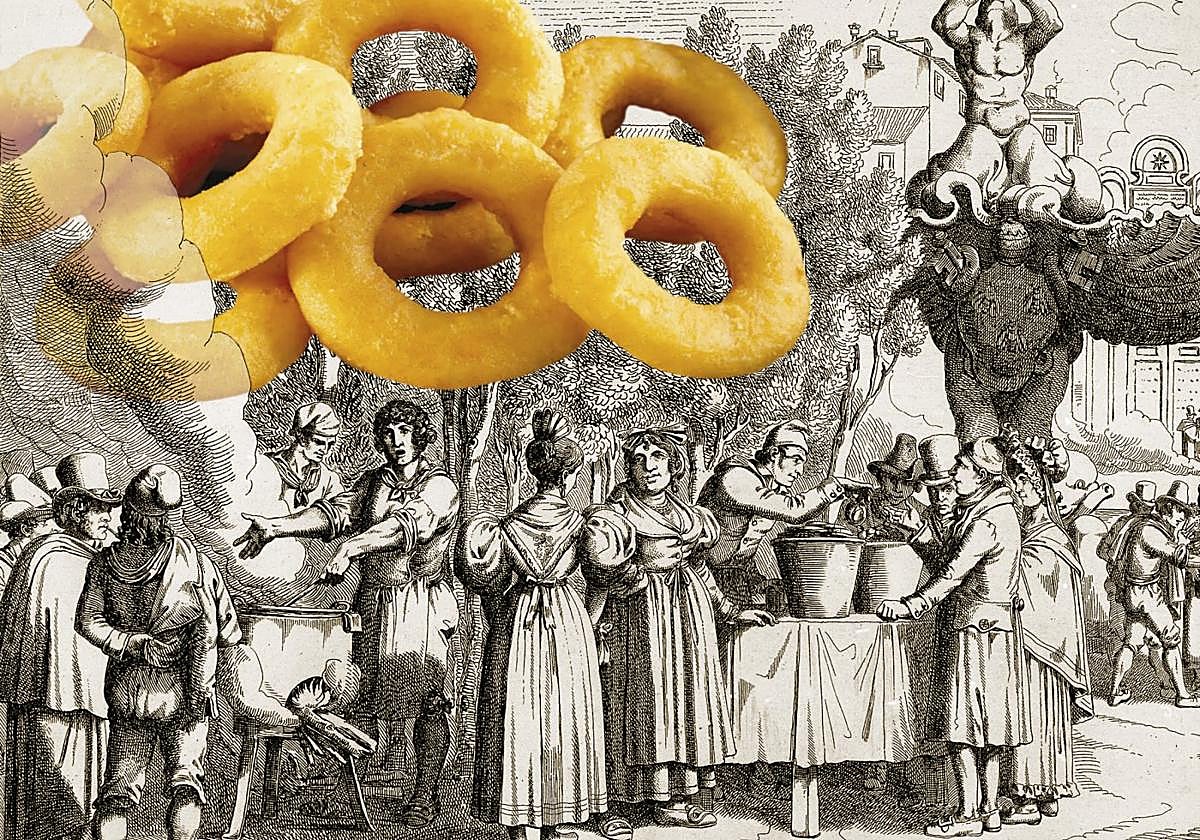 Calamares fritos a la romana y grabado de Achille Pinelli de 1830 de puestos de comida callejera.