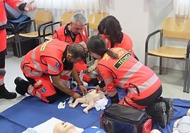 Los profesionales practican el soporte vital avanzado al maniquí de lactante en el centro de salud de Haro.