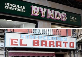Rótulos de Bynds (Singular Creatures) y El Barato (Confecciones) en el mismo edificio.