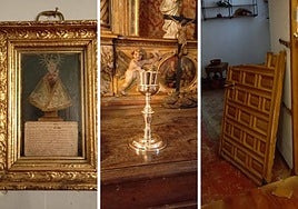 El cuadro y el cáliz sustraídos, y el portón de madera partido en dos.